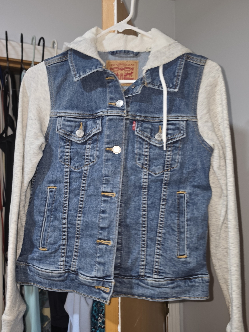 Levi's Blue Denim Jacket with Light Gray Hood and Sleeves